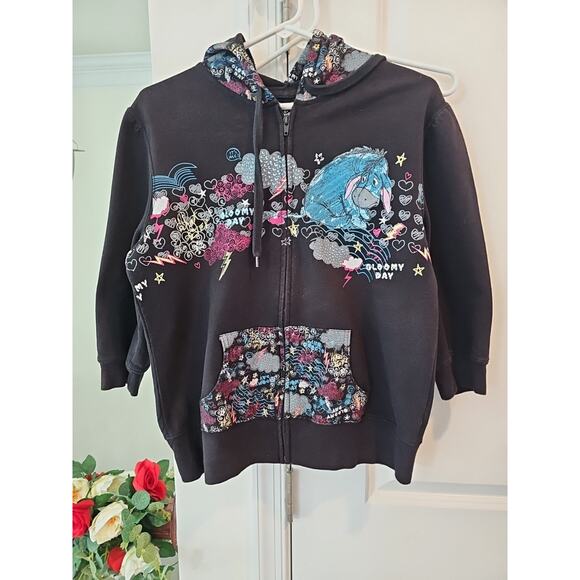 VTG Disney Eeyore Y2K Hoodie Jacket Kids XL Black Winnie The Pooh Fleece Zip Up - Picture 1 of 3